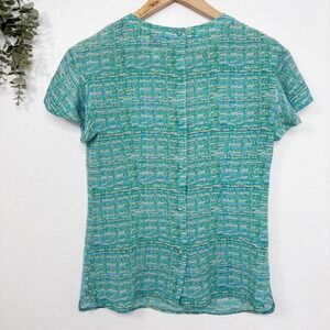 Reiss Top Size 2 Blue Green Silk Short Sleeve Button Back Career Casual